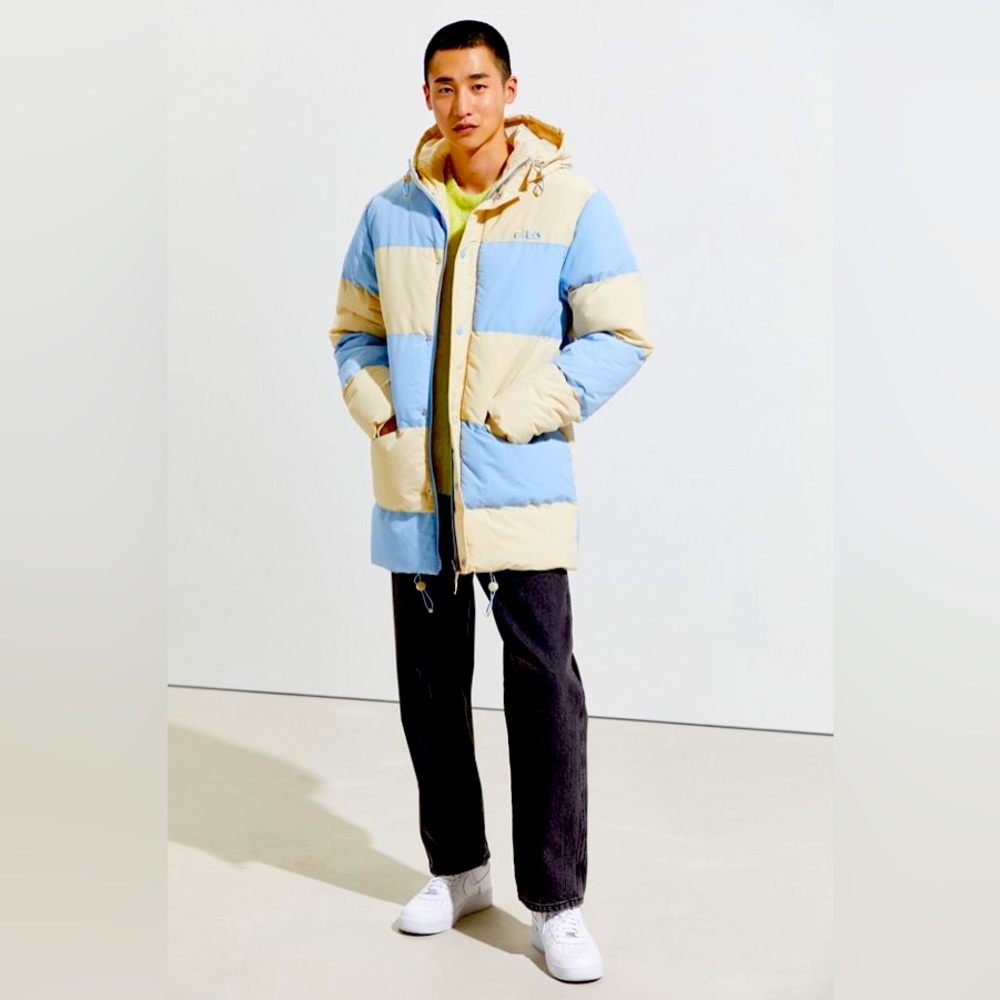 FILA PUFFER LONG JACKET CREAM AND SKY BLUE. Small
